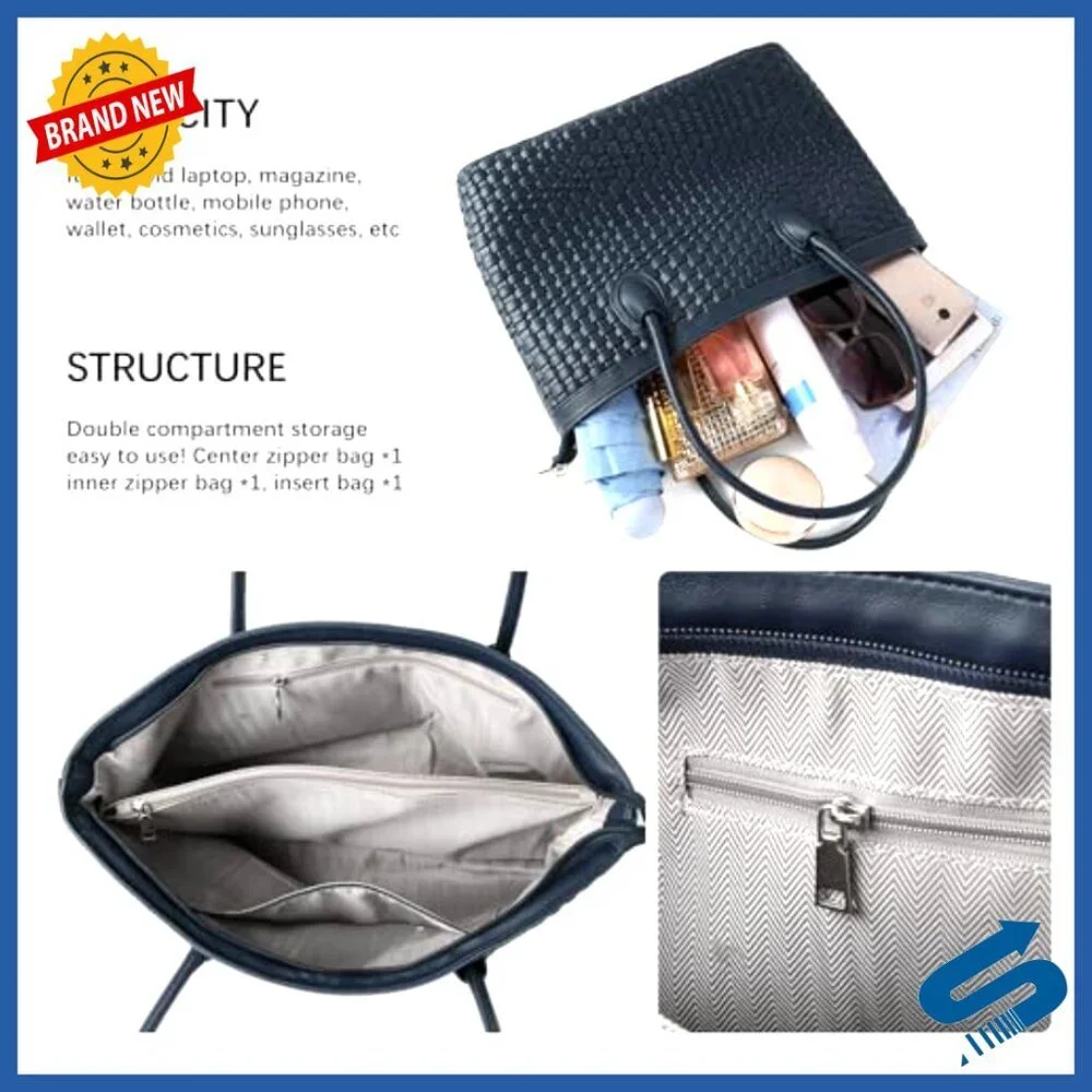 Vegan Leather Woven Tote Bag Handmade Shoulder Bag Zip Closure Travel Beach